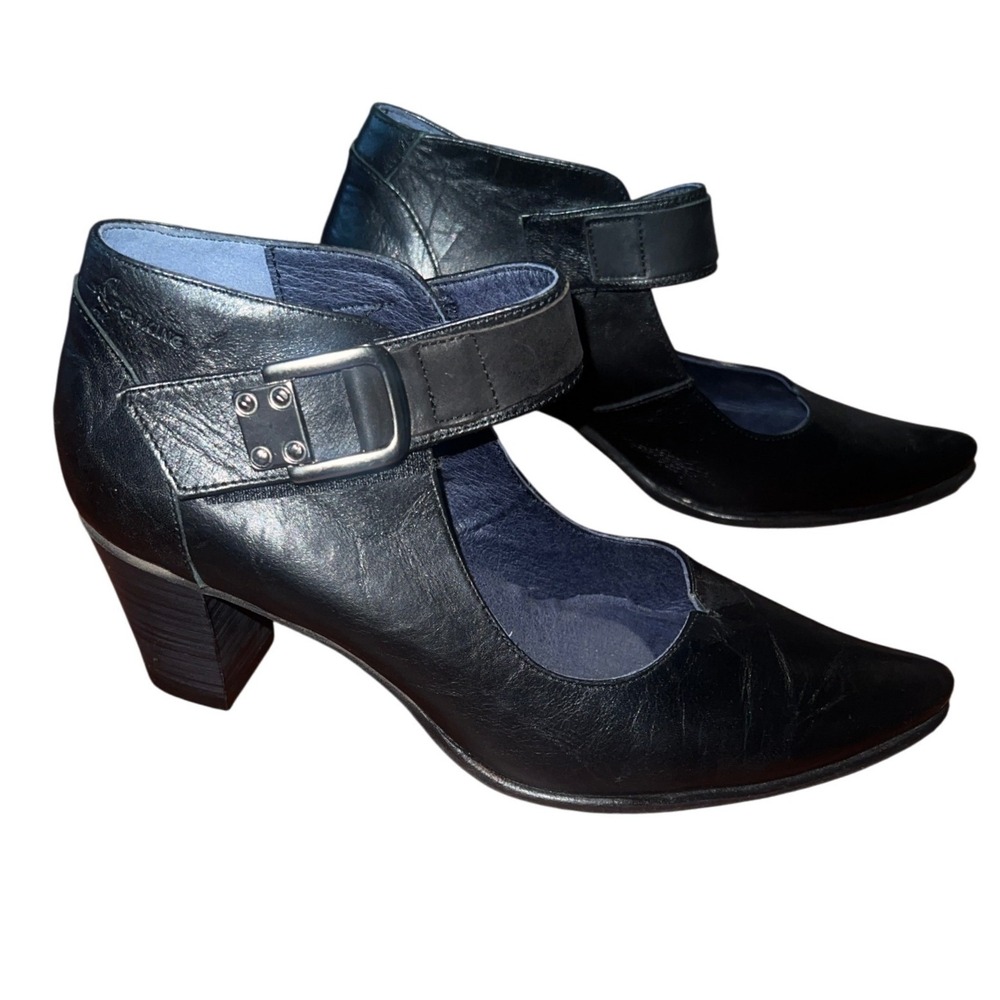 Dorking By Fluchos Black Leather Pointed Toe Mary Jane Block Heel Pumps Spain 37